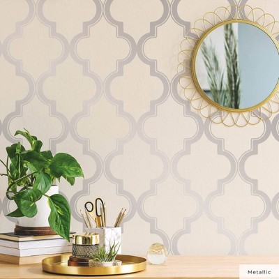 Cream and Metallic Silver Vinyl Peel and Stick Wallpaper Roll