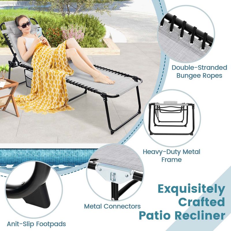 Costway 2 PCS Folding Chaise Lounge Chair Portable Sun Lounger with Adjustable Backrest Grey/Navy, 5 of 9