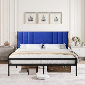 Full Size Upholstered Platform Bed Frame with Button-Tufted Headboard, Wood Slat Support, Noise-Free, No Box Spring Needed, Easy Assembly, Blue - 1 of 4