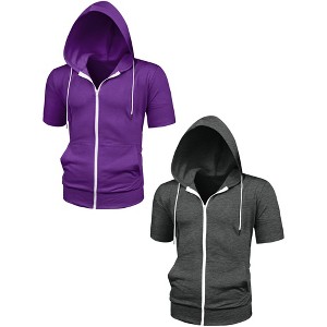 Lars Amadeus Men's Full Zip Regular Fit Solid Short Sleeves Hoodies Sweatshirt 2 Packs - 1 of 4