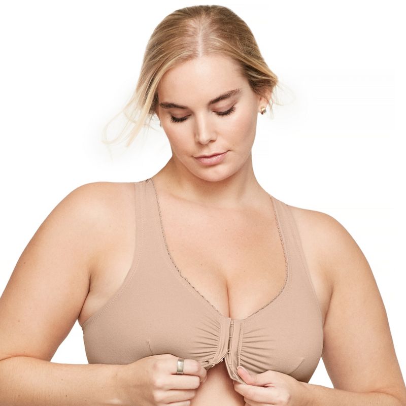 Glamorise Womens Front-Closure Cotton T-Back Comfort Wirefree Bra 1908 Café, 3 of 5