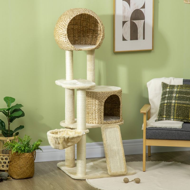 PawHut 59 Inch Cat Tree for Indoor Cats, Cat Tower with Cat Condo, Hammock, Perches, Scratching Posts, Ramp for Large Cats, Beige, 5 of 7