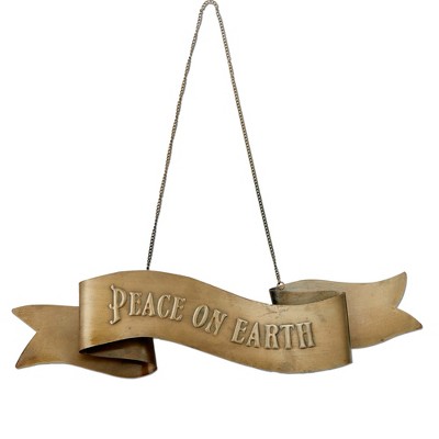 tag Peace On Earth Hanging Door Sign - Antique Brass Gold Wall Art Decor for Christmas - 16" x 4" x 1.5" - Wipe Clean
