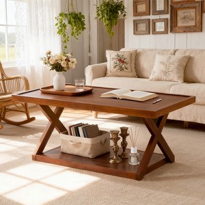 Bekrvio 40" Solid Oak Coffee Table,2-Tier Modern Farmhouse Rectangle Center Table with Storage Shelf & X-Shaped Legs, Walnut Finish - 1 of 4