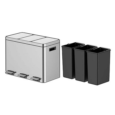 Trash Can Garbage Can for Kitchen, 3 Compartments for Recycling and Trash, Plastic Inner Buckets and Hinged Lids, Wide Stainless Steel Shape