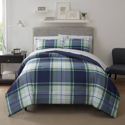 Queen Green and Blue Microfiber Plaid 7-Piece Bedding Set