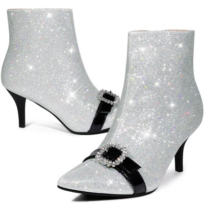 Perphy Women's Rhinestones Pointed Toe Stiletto Heel Glitter Ankle Boots