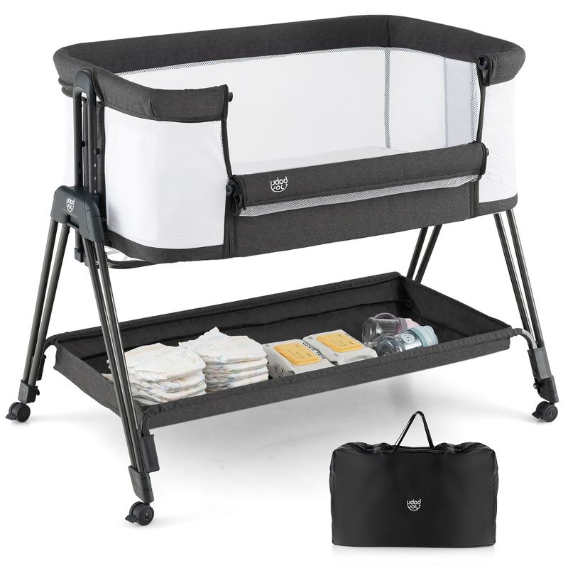 Babyjoy Baby Bedside Sleeper Bassinet with  Wheels & Storage Tray Folding Adjustable Crib, 1 of 11