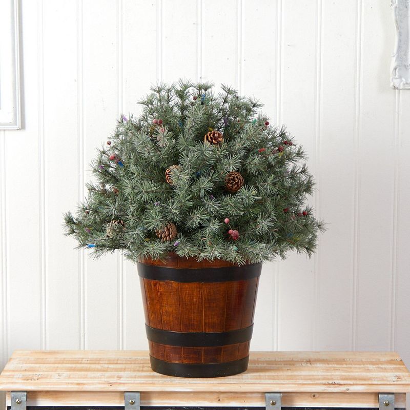 Nearly Natural 2.17-ft Flocked Shrub with Pinecones, 150 Multicolored LED Lights and 280 Branches in Planter, 5 of 8