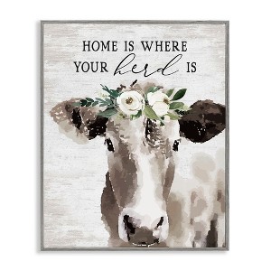Stupell Industries Home's Where Your Herd Is Boho Floral Cow Framed Giclee Art - 1 of 4