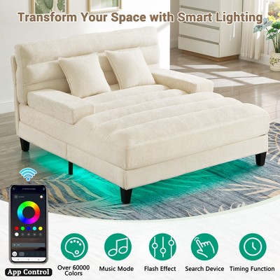 Sofa with app-controlled LED lighting and smart features icons