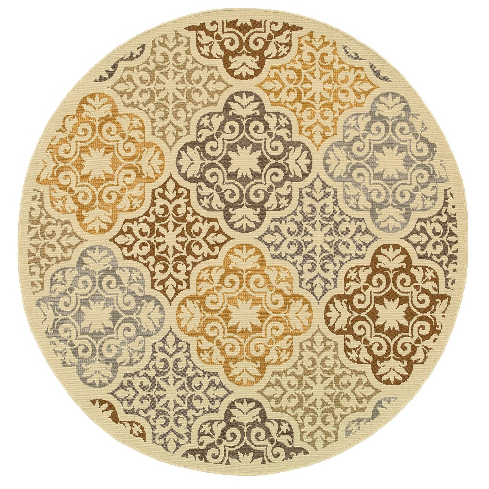 7'10in Round Bombay Floral Tile Patio Rug Ivory/Gray