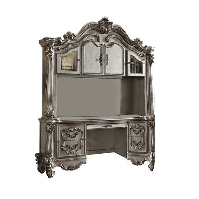 Elegant Antique White and Gray Wooden Desk with Hutch and Drawers