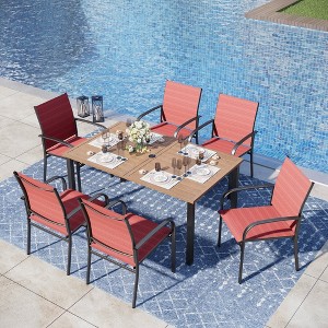 Captiva Designs 7pc Patio Dining Set with Outdoor Wood-look Slatted Top Steel Table & Sling Fixed Chairs - 1 of 4