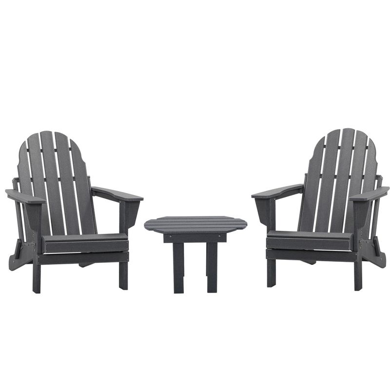 Outsunny 3 Piece Adirondack Chair Set of 2, HDPE Folding Fire Pit Chairs and Patio Table, Outdoor Furniture with Slatted Seat, Dark Gray, 1 of 7