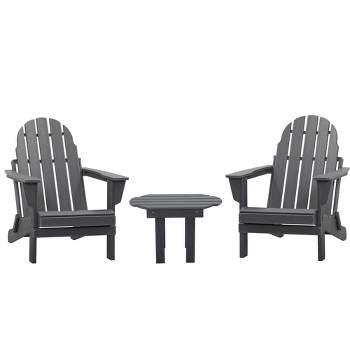 Outsunny 3 Piece Adirondack Chair Set of 2, HDPE Folding Fire Pit Chairs and Patio Table, Outdoor Furniture with Slatted Seat, Dark Gray