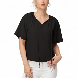 Anna-Kaci Women's Short Sleeve V-Neck Blouse with Gathered Shoulder Detail and Long Neck Tie Accent - 1 of 4