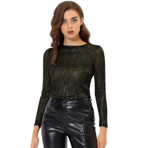 Allegra K Women's Long Sleeve Puff Sleeve Party Glitter Shiny Metallic Tops - 1 of 4