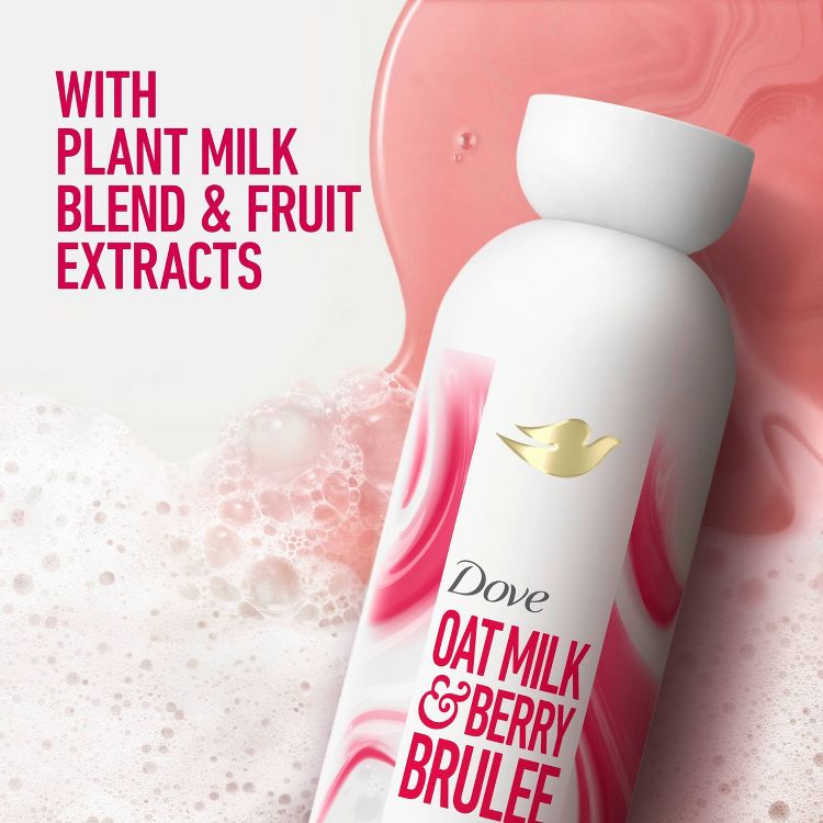 Dove Oat Milk & Berry Brulee Body Wash is showcased with a curvaceous white bottle featuring pink swirls and a golden Dove logo. Text reads, "With Plant Milk Blend & Fruit Extracts." 