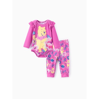 PATPAT Disney Winnie the Pooh Baby Girl 2pcs Naia Flutter Long-sleeve Floral Romper with Pants Set