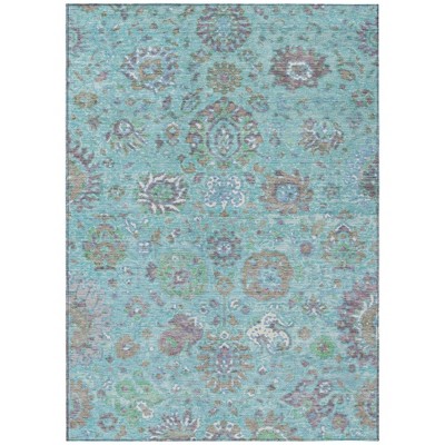 Teal Blue Taupe And Ivory Floral Washable Indoor Outdoor Area Rug