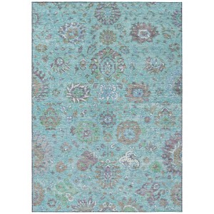 Teal Blue Taupe And Ivory Floral Washable Indoor Outdoor Area Rug - 1 of 4