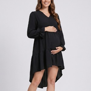 high low maternity cocktail dress Anna-Kaci Women's Maternity V Neck High Low Mini Dress with Long Sleeves and Tiered Hem, Small 4-6 / Black