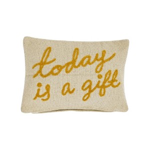 Storied Home Embroidered Cotton Lumbar Pillow with "Today Is A Gift" Design, Cream and Mustard - 1 of 4