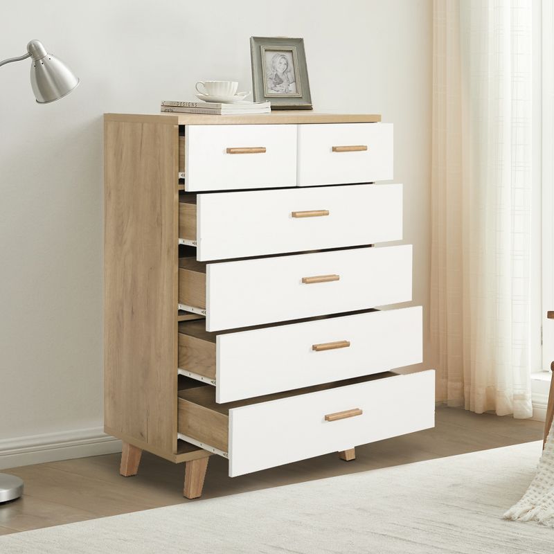 Modern 6 Drawer Dresser with Solid Wood Legs and Handles, White + Oak - ModernLuxe, 2 of 13