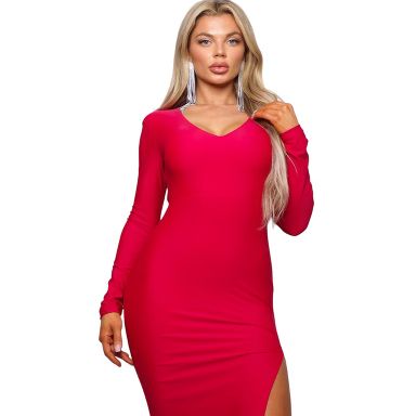 Slickblue Glamorous Long Sleeve V-Neck Open Back Maxi Dress with High Side Slit  Red, M