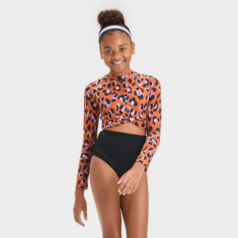 Art Class Girls' Hand Drawn Cheetah Printed One Piece Swimsuit - art class™ L: Long Sleeve, UPF 50+, Animal Print, Recycled Polyester