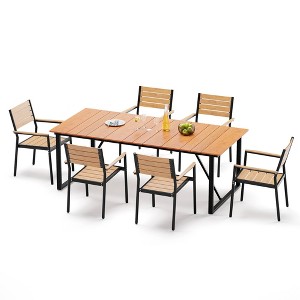 Crestlive Products 7pc Outdoor Dining set Table 82.7 inch Patio Dining Table Wooden-Like Top Aluminum Frame with Umbrella Hole 6seat - 1 of 4