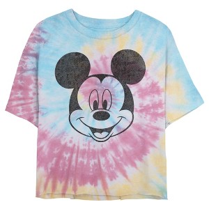 Juniors Womens Mickey & Friends Smiling Mickey Mouse Distressed Crop T-Shirt - 1 of 4