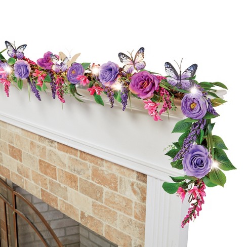 Collections Etc LED Lighted Purple Rose and Butterfly Garland