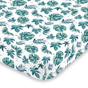 NoJo Super Soft Green and White Palm Leaf Nursery Crib Fitted Sheet - 1 of 4