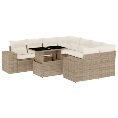 vidaXL Patio Sofa Set with Cushions Outdoor Furniture 9 Piece Poly Rattan - Beige and Cream Without Storage
