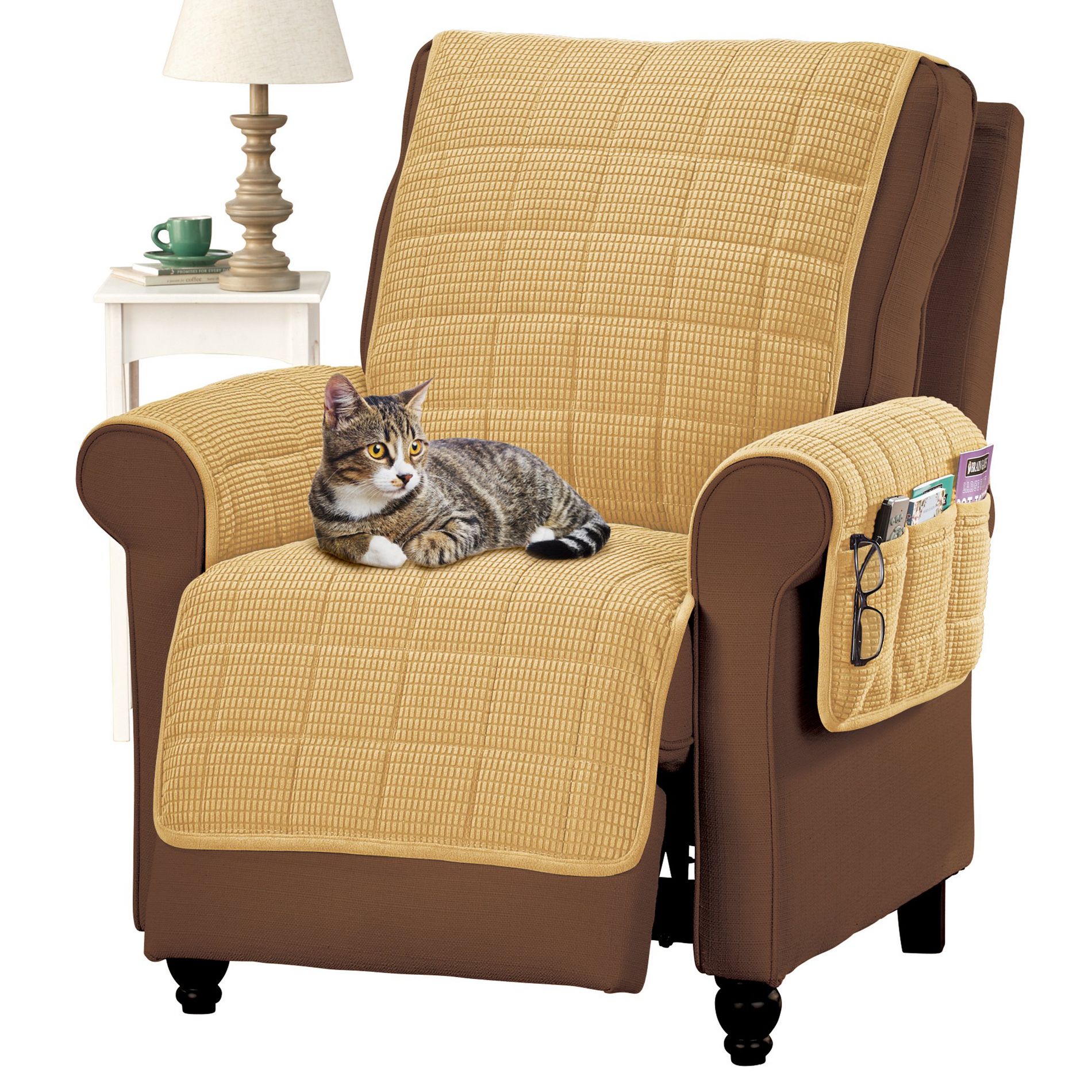 Collections Etc Quilted Textured Recliner Cover with Side Pockets Recliner Gold