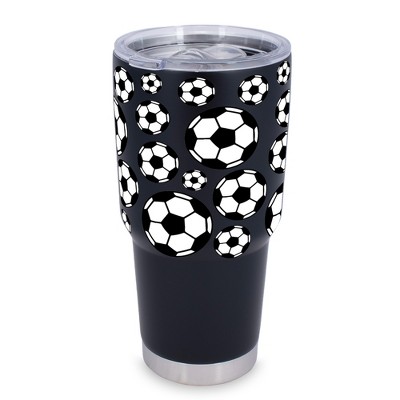 100 North 30 Ounce Stainless Steel On the Go Travel Tumbler With Push Top Lid, Soccer Ball Black
