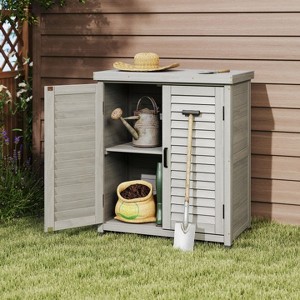 PAGED Outdoor Potting Bench with Storage Cabinet and Metal Table Top for Patio, Garden Furniture Wood Workstation, Grey - 1 of 4