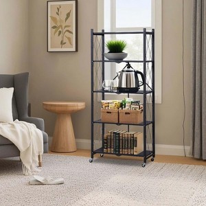 5-Tier Kitchen Folding Storage Shelves, Metal Organizer and Storage Rack with Wheels, Organizer Shelf for Garage, Kitchen, Basement - 1 of 4