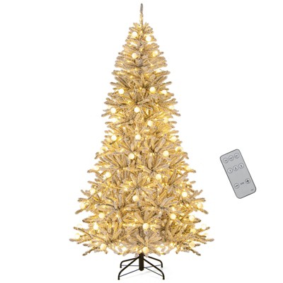 Costway 6/7/8 FT Snow-flocked Artificial Christmas Tree with 51/65/81 Sphere Lights 250/350/450 LED Lights