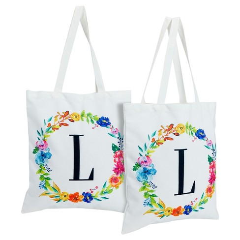 Okuna Outpost Set of 2 Reusable Monogram Letter L Personalized Canvas Tote  Bags for Women, Floral Design, 29 in