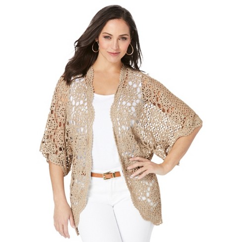 Jessica London Women’s Plus Size Metallic Crochet Cardigan, S - Gold