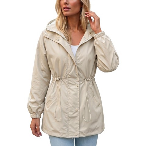 Женские куртки INSPIRE CHIC Women's Stand Collar Hooded Mid-Length Drawstring Waist Elastic Cuffs Outdoor Coats Large Beige