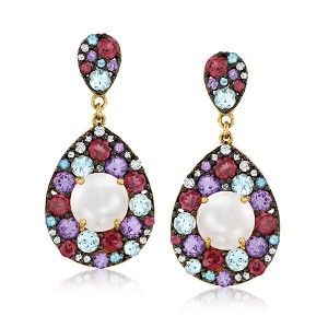 Ross-Simons 10-10.5mm Cultured Pearl and 10.00 ct. t.w. Multi-Gemstone Drop Earrings in 18kt Gold Over Sterling - 1 of 4