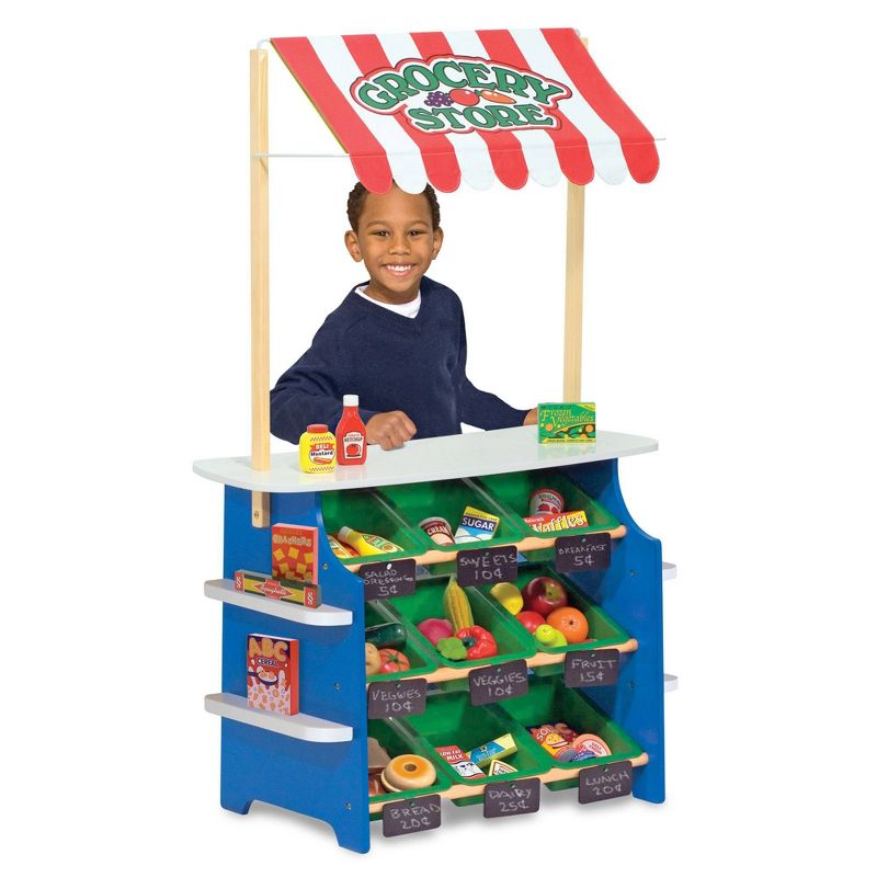 Melissa &#38; Doug Wooden Grocery Store and Lemonade Stand - Reversible Awning, 9 Bins, Chalkboards, 1 of 16