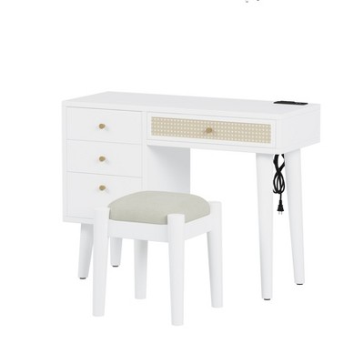 AZL1 Life Concept Vanity Table Easy Assembly Sturdy Retro Bohemian Style 4 Drawers Charging USB Port Stool for Bedroom, White, 44.1"*18.75"*10.5"