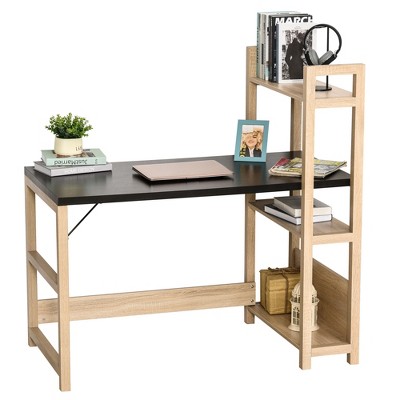 HomCom Computer Desk Home Office Study Writing Rectangle Workstation with Storage Shelves 3-Tier BookShelf Wide Display Table Black/Oak​