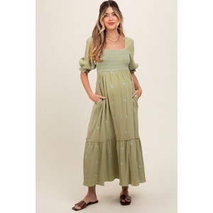 PinkBlush Light Olive Gauze Smocked Embroidered Square Neck Maternity Midi Dress - 1 of 4