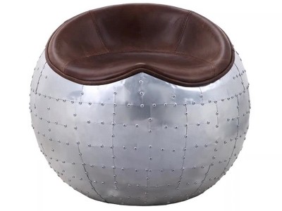 Retro Brown Top Grain Leather and Aluminum Round Ottoman